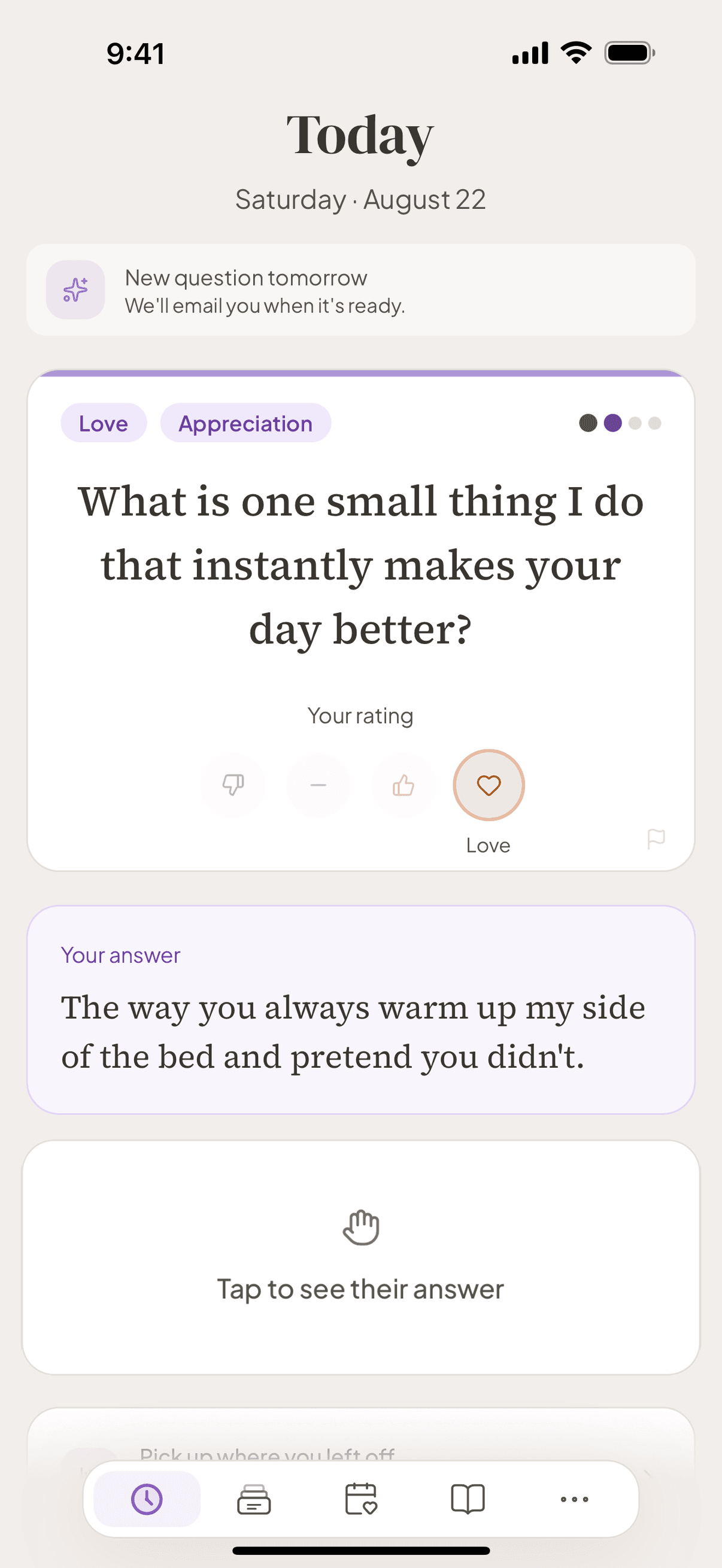 A partner’s answer held face down in Aperi until both have answered