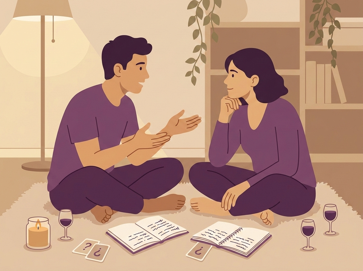 A couple sitting cross-legged on the floor facing each other, sharing a deep conversation over notebooks and question cards