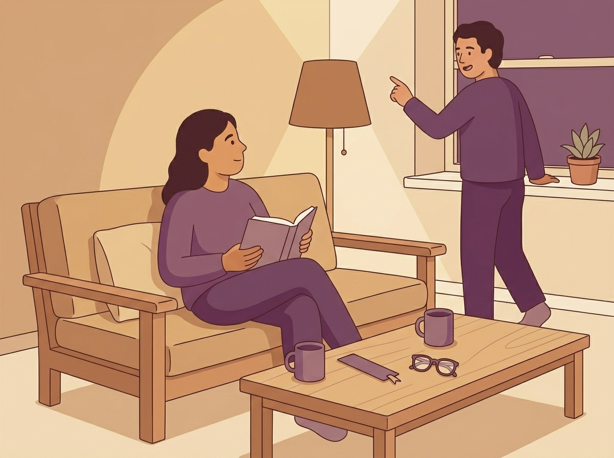 A partner by the window points at something outside, turning back hopefully, while the other looks up from their book on the couch