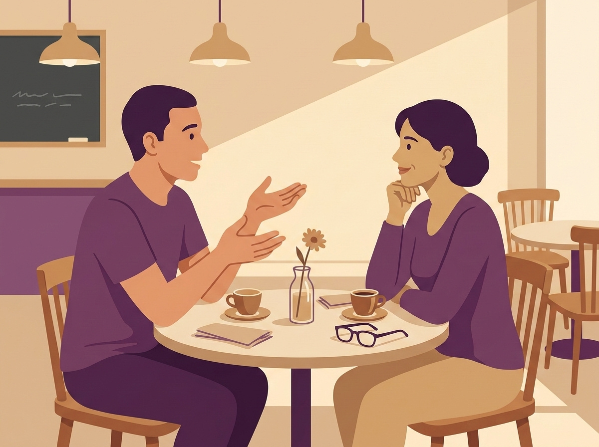 Two people sharing a conversation at a small café table over espresso